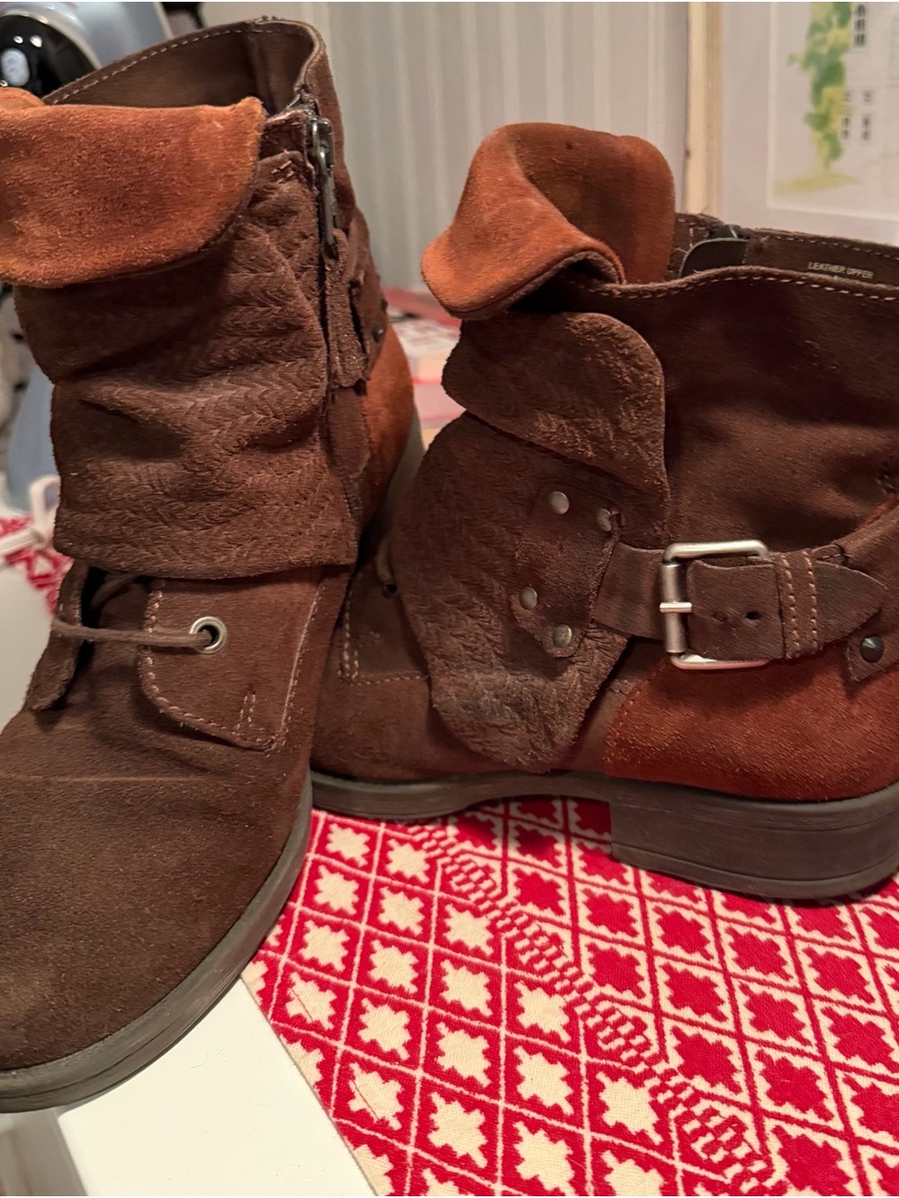 Women’s Brown Suede Fold-Over Ankle Boot with Buckle Detail